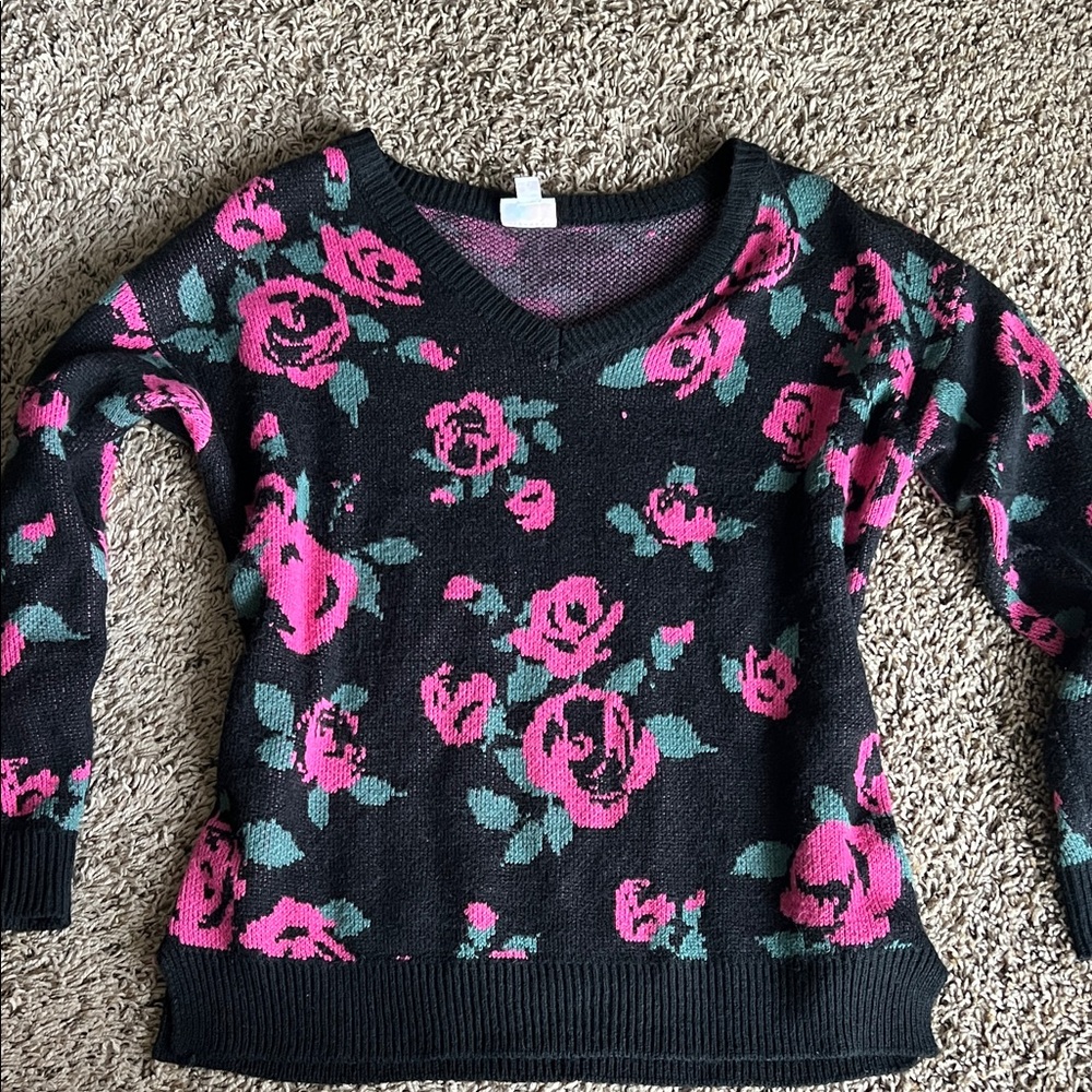 2 for $12- LuLaRoe Black and Pink Floral V-Neck Sweater